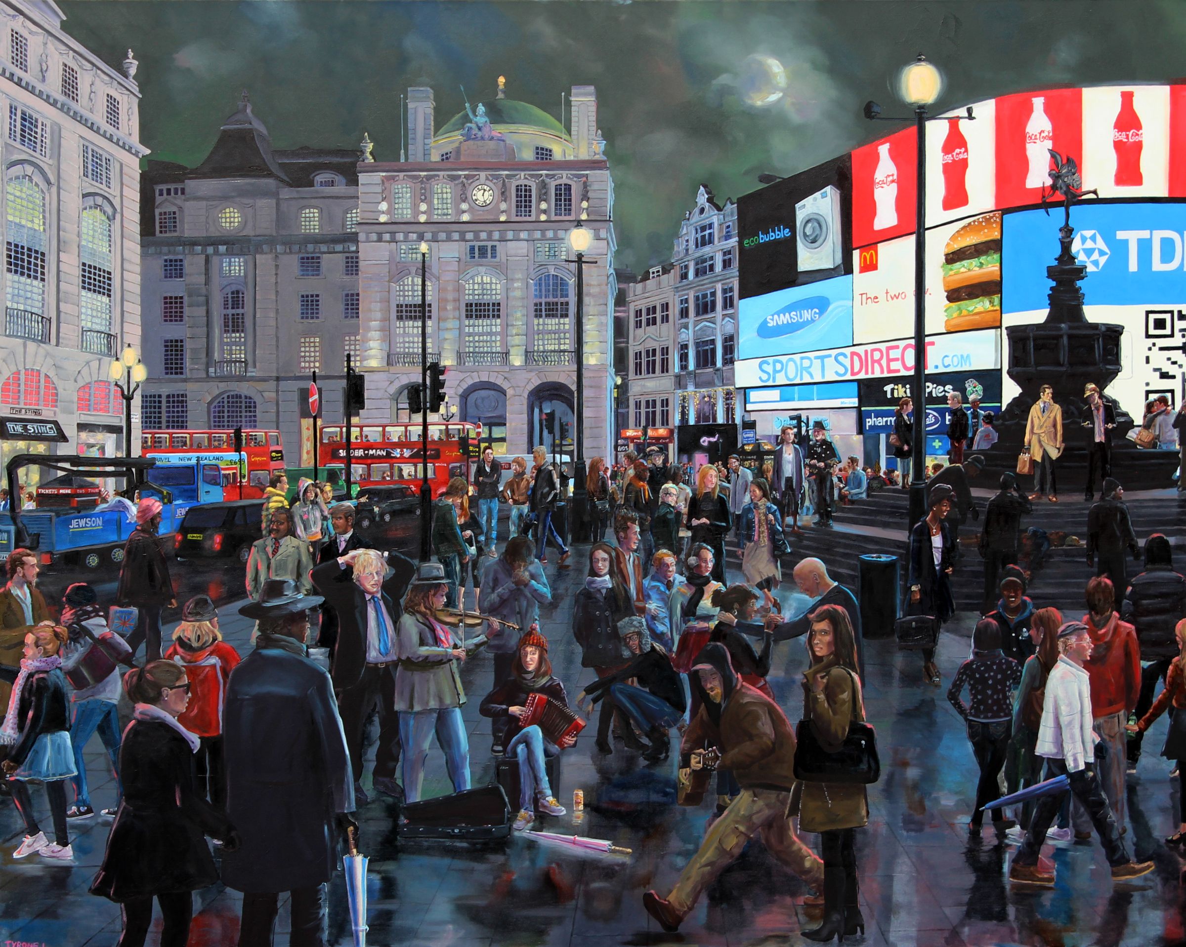 Debt Collectors at Piccadilly Circus. Oil on canvas. 120cm x 150cm. 2012