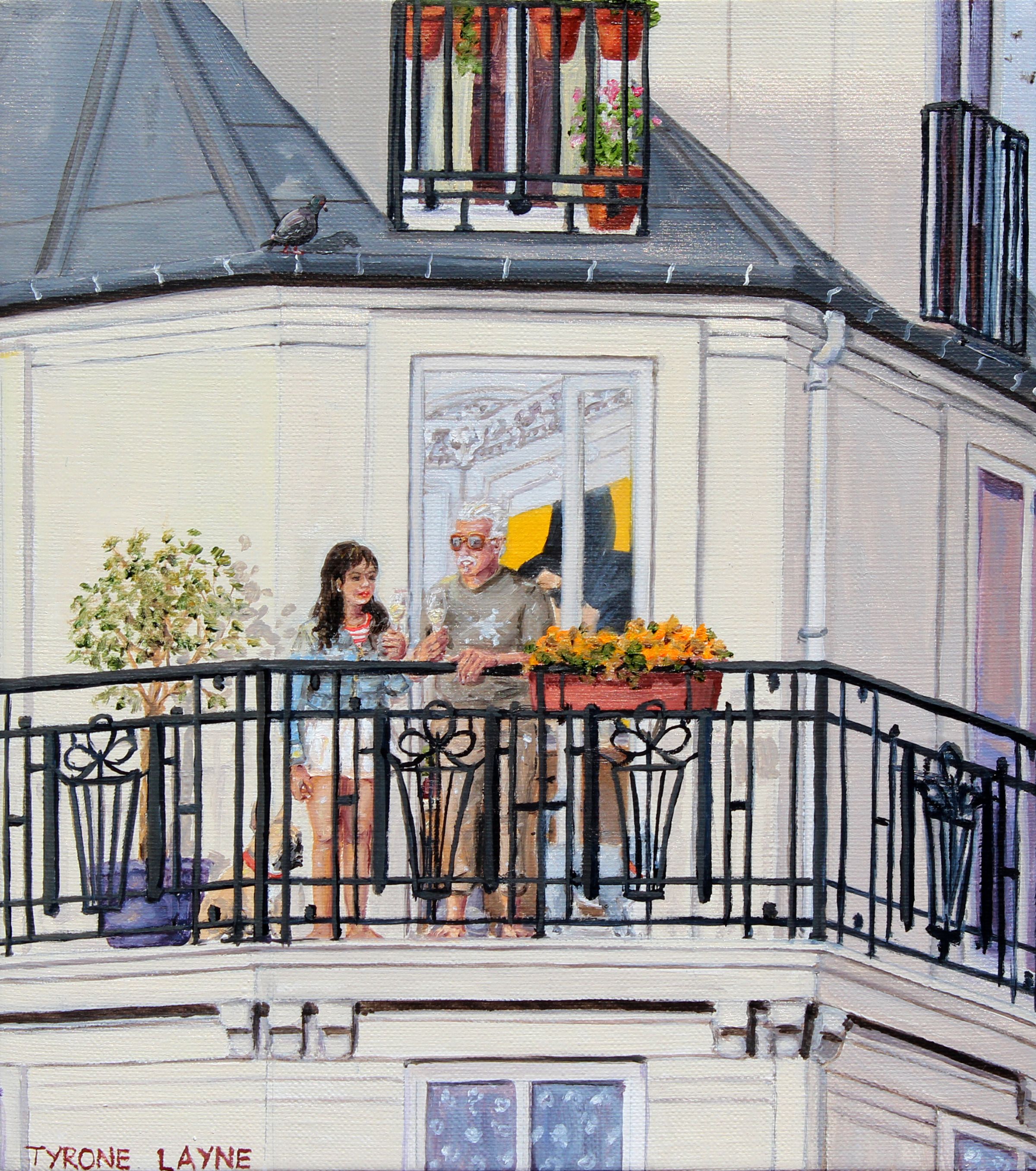 (Parisian Mini Series) Champagne on the Balcony. Oil on linen. 22.5cm X 20cm. 2021