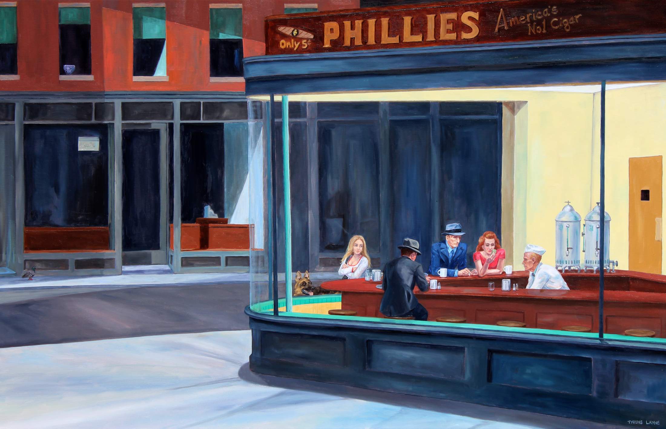 Nighthawks 1942 (after Edward Hopper), oil on linen, 66 × 102 cm, Tyrone Layne, 2025