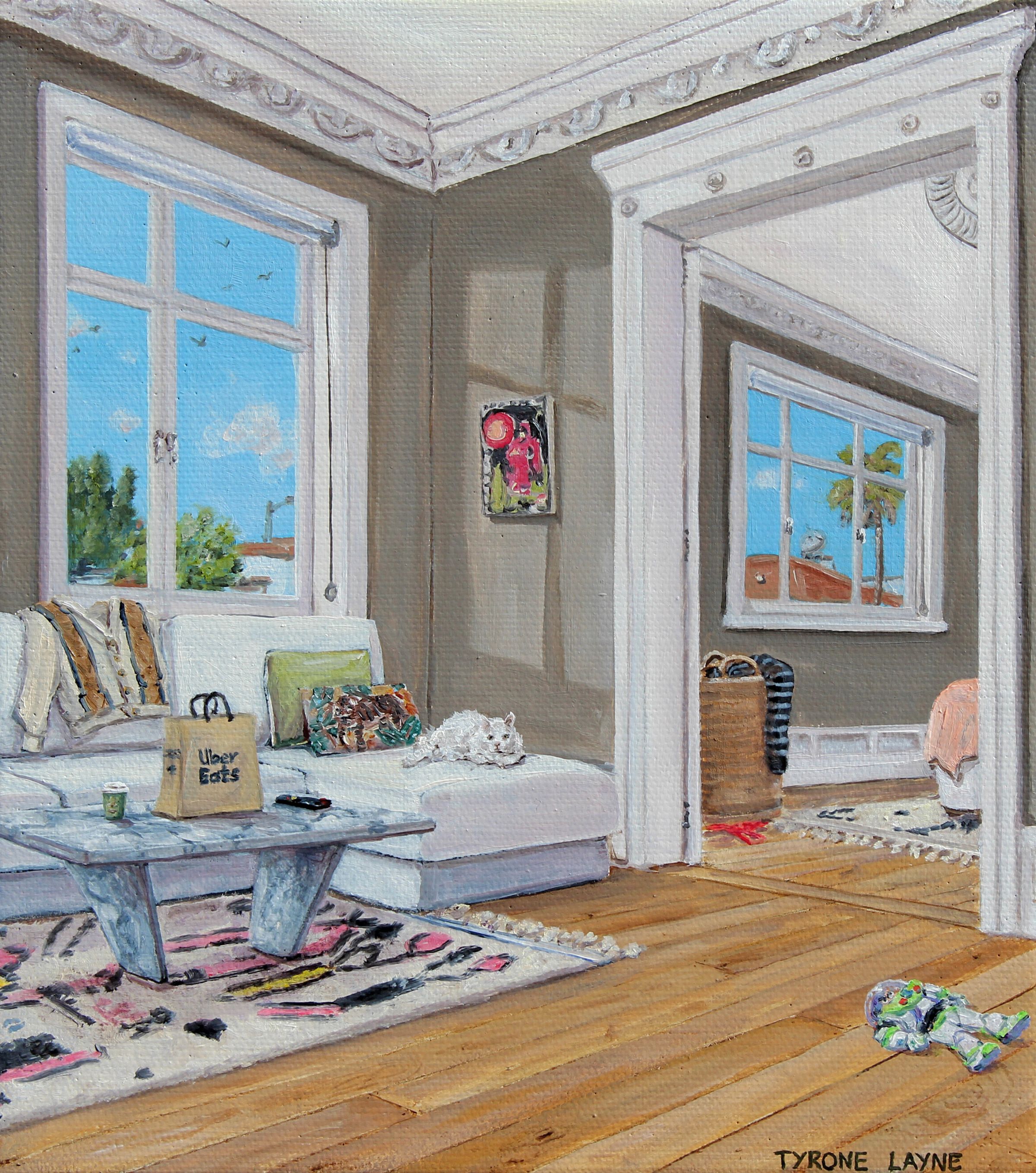Uber Eats - White Cat - and a Gucci Sweater. Oil on linen. 22.5cm X 20cm. 2021