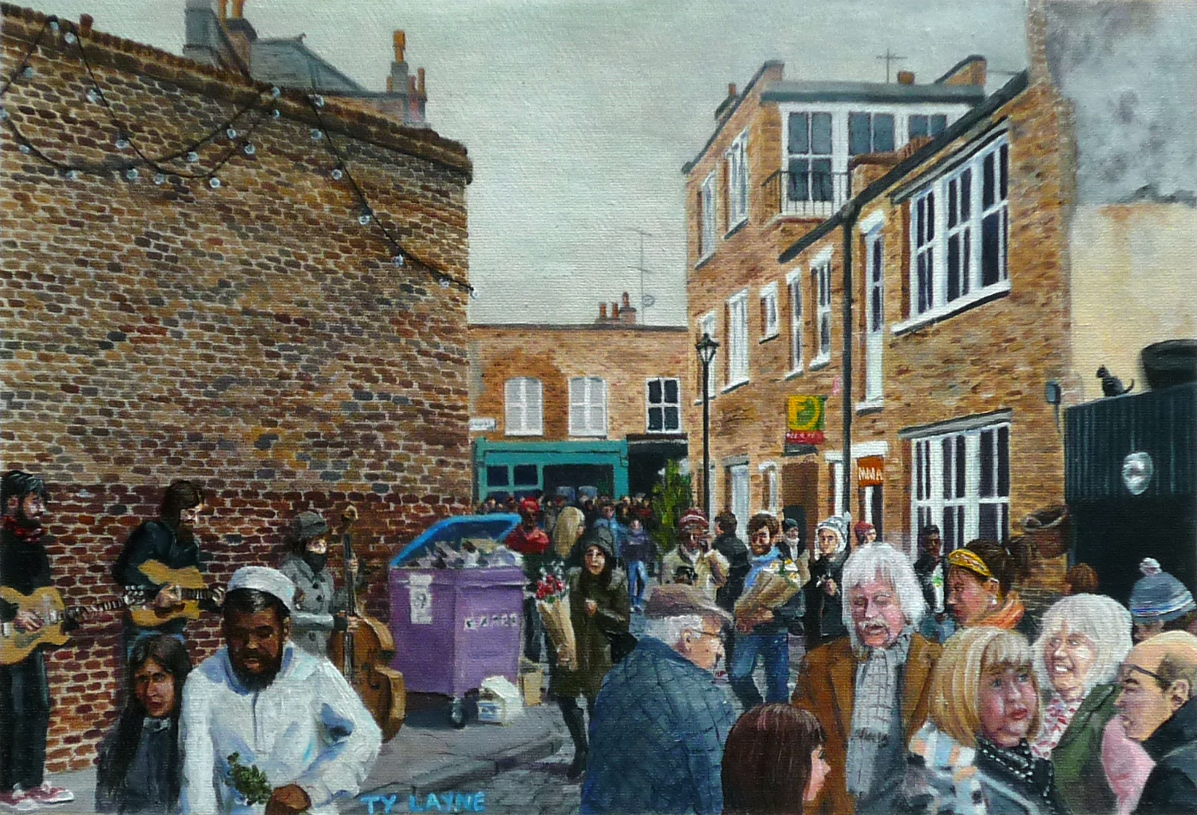 Approach to Columbia Road Flower Market- London. Oil on canvas. 20cm x 30cm. 2013