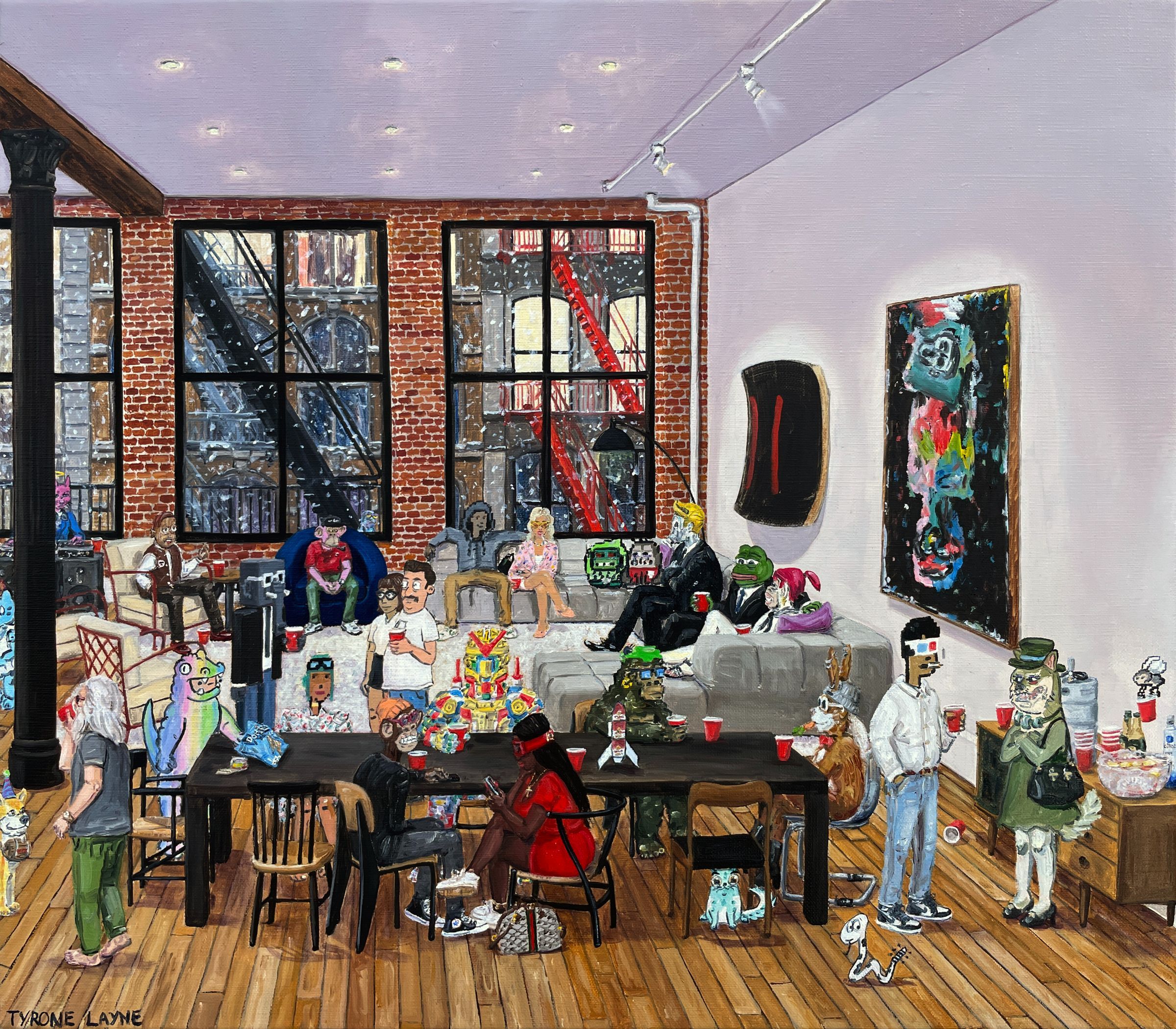 Loft Party in the Metaverse. Oil on linen. 36cm x 41cm. 2021. (released as 1/1 NFT)
