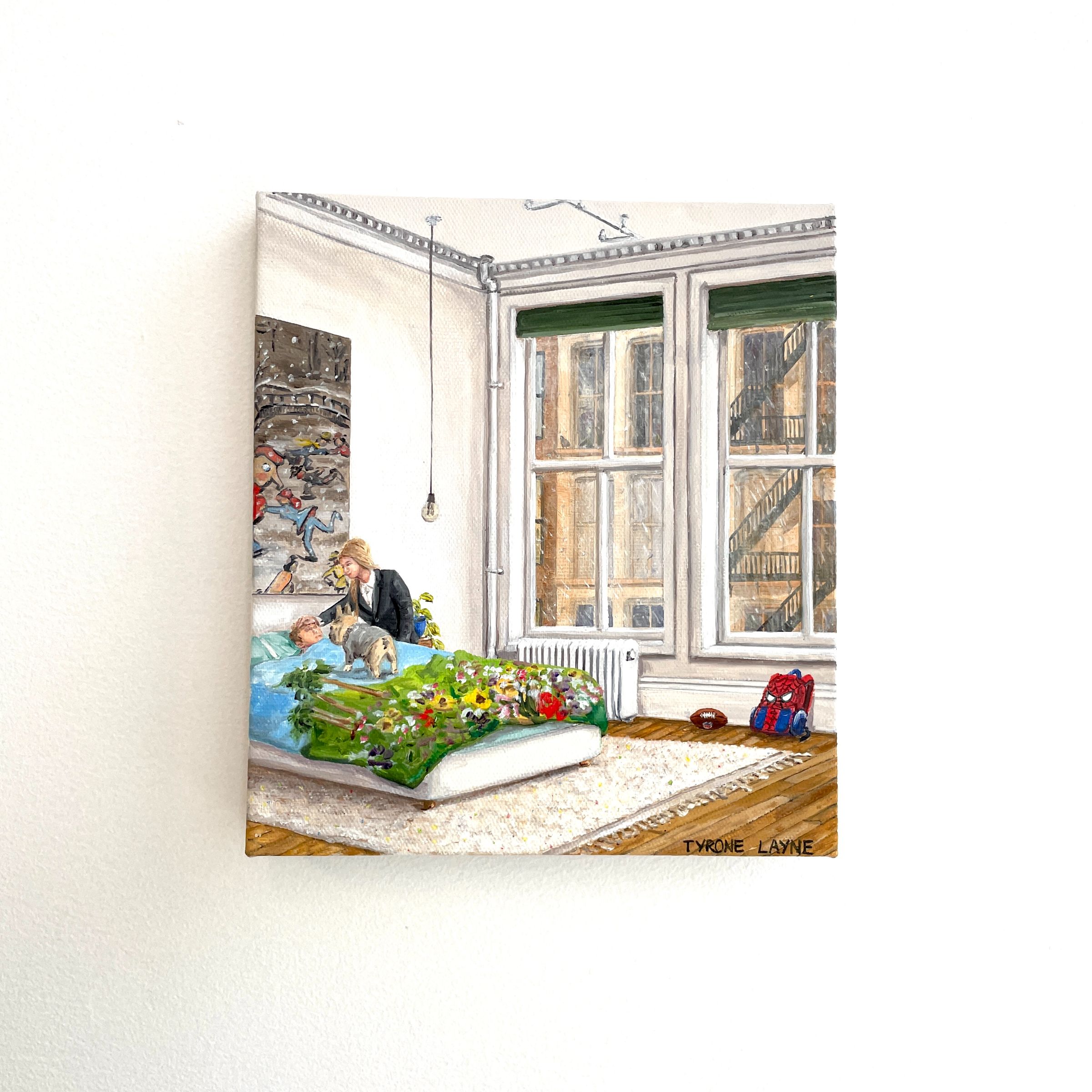 (TriBeCa family mini series) Sicky on a rainy Tribeca Morning. Oil on linen. 22.5cm x 20cm. 2021
