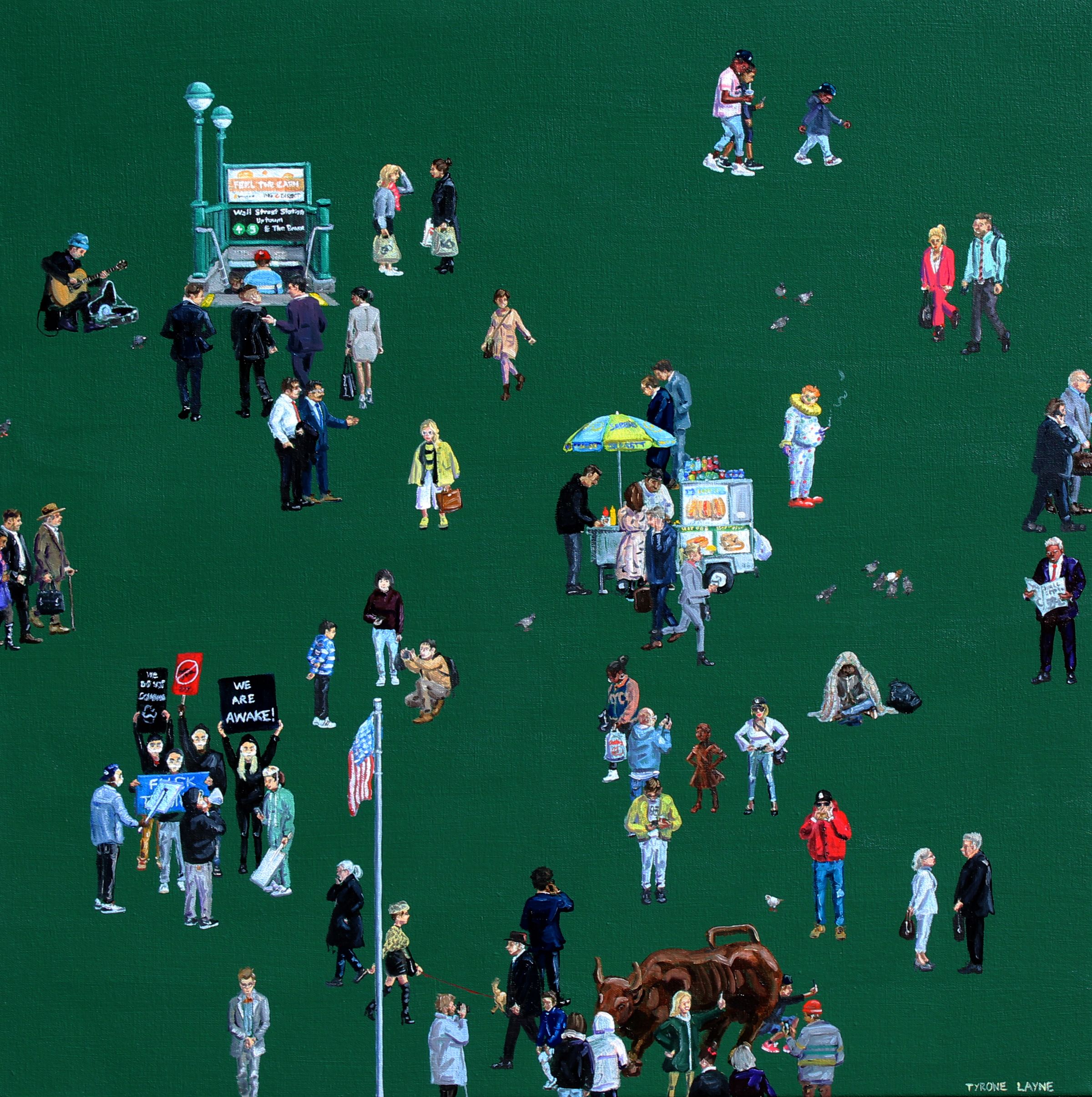 Clown on Wall Street. Oil & acrylic on canvas. 61cm x 61cm. 2018