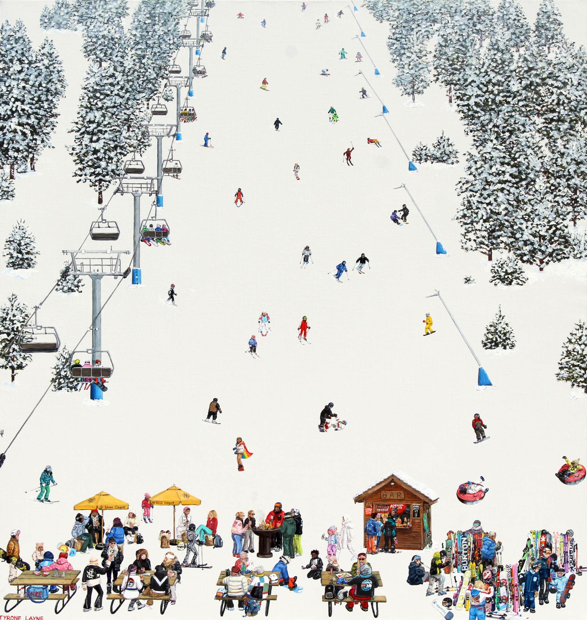 Borders, Skiers, and Spritzers. Oil & acrylic on linen. 91cm x 86cm. 2023-2026