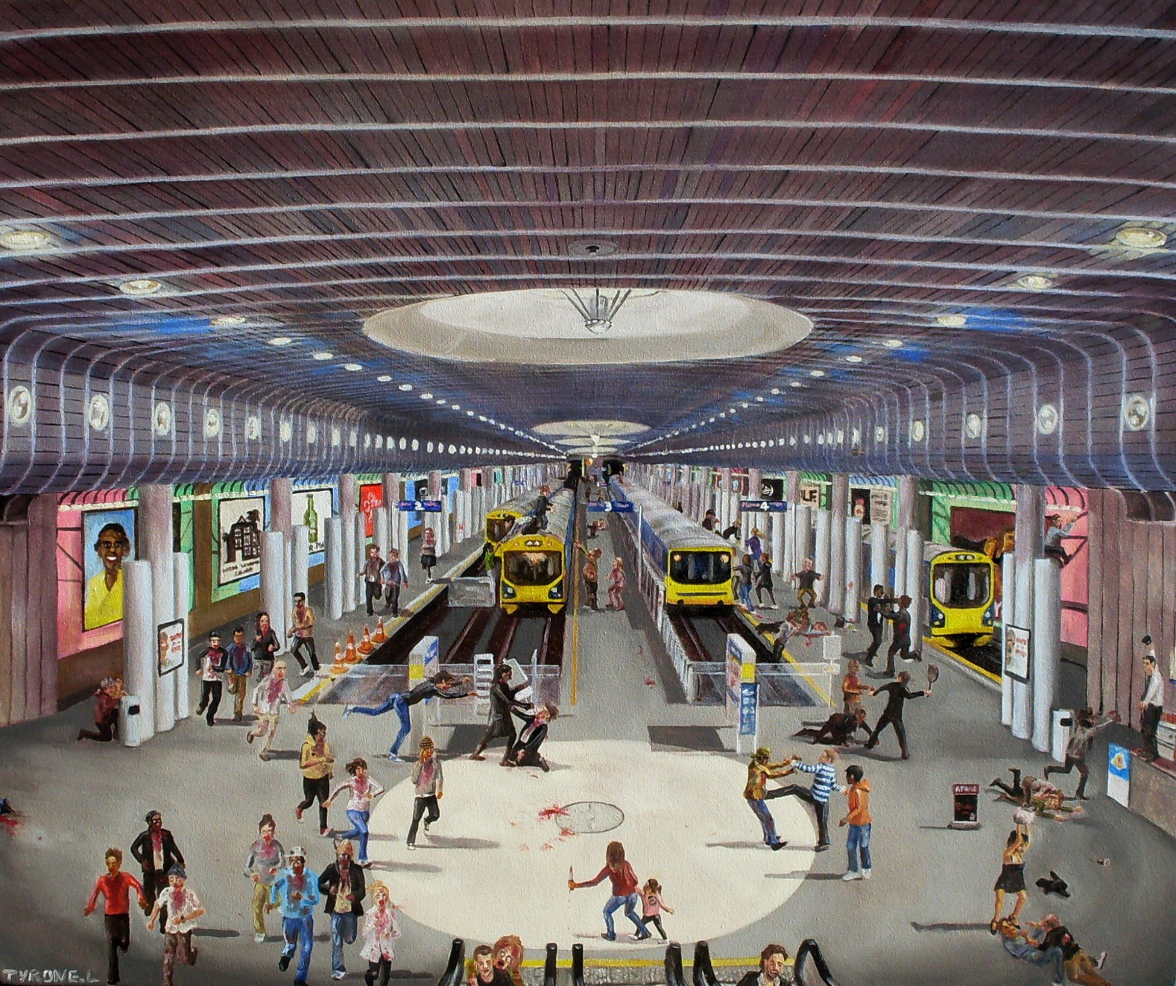 Dawn of the swine flu at Britomart. Oil on canvas. 50cm x 60cm. 2009